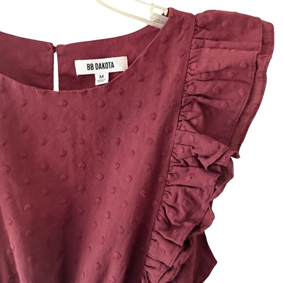 BB Dakota Burgundy Textured Ruffle Sleeve Dress W/ Smocked Waist & Keyhole Med - Picture 2 of 7